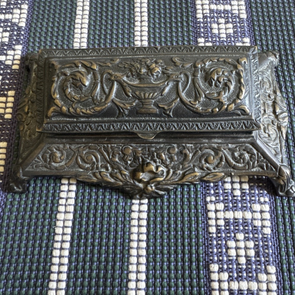Large Victorian Footed Tiered Brass Stamp / Trinket Box inkwell Antique